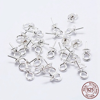 925 Sterling Silver Cup Pearl Bail Pin Pendants, For Half Drilled Beads, Silver, 7x3mm, Hole: 1.5mm, Pin: 0.6mm