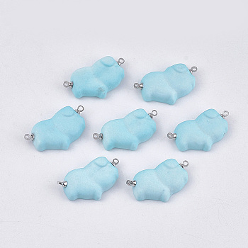 Handmade Porcelain Links connectors, Frosted, with Brass Findings, Piggy Findings, Platinum, Light Cyan, 28~30x19x6.5mm, Hole: 1.5mm