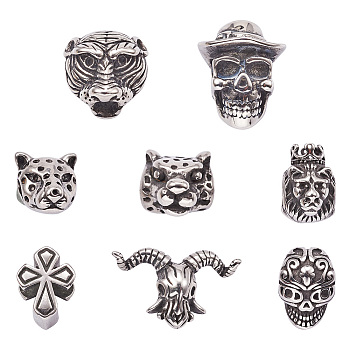 Fashewelry 8Pcs 8 Styles 304 & 316 Stainless Steel European Beads, Large Hole Beads, Mixed Shapes, Antique Silver, 1pc/style