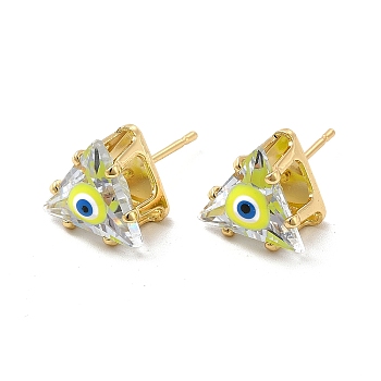 Glass Triangle with Enamel Evil Eye Stud Earrings, Real 18K Gold Plated Brass Jewelry for Women, Yellow Green, 10.5x11mm, Pin: 0.8mm