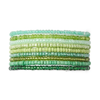 9Pcs Rondelle Glass Seed Beaded Stretch Bracelet Sets, Stackable Bracelets for Women, Green, Inner Diameter: 2-5/8 inch(6.7cm), about 9Pcs/Set