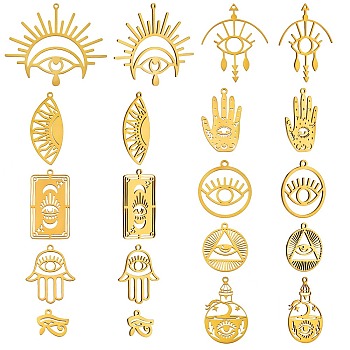 20Pcs 10 Style 201 Stainless Steel Laser Cut Charms, Egyptian Eye, Mixed Shape, Golden, 12~38.5x13.5~32x1mm, Hole: 1.5~1.8mm, 2pcs/style