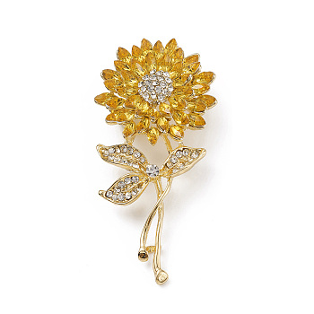 Rhinestone Brooch Pin, Light Gold Alloy Lapel Pin for Backpack Clothes, Flower, 34.5x30x8mm