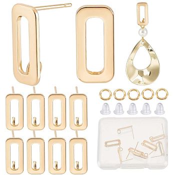 14Pcs Brass Stud Earring Findings, with Vertical Loops, Nickel Free, Rectangle, with 14Pcs Jump Rings & 50Pcs Plastic Ear Nuts, Real 18K Gold Plated, 15.5x7mm, Hole: 2.5mm, Pin: 0.8mm