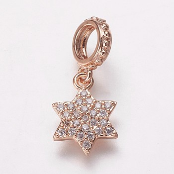 Brass Cubic Zirconia European Dangle Charms, Large Hole Pendants, Star, Clear, Rose Gold, 18.5mm, Hole: 4.5mm, Pendant: 11.5x9.5x1.5mm