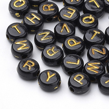 Opaque Acrylic Beads, Metal Enlaced, Horizontal Hole, Flat Round, Mixed Letters, Black, 7x4mm, Hole: 2mm, about 3700pcs/500g