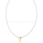 Imitation Pearl with Stainless Steel Pendants Necklaces, Lead Free & Nickel Free & Cadmium Free, Letter, Letter Y, 15.83~16.22 inch(40.2~41.2cm), end extender: 48~51mm long, pendants: 12.5x10.5mm(NJEW-LP0001-51Y-G)
