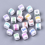 Opaque White Acrylic Beads, with Enamel, Horizontal Hole, Cube with Mixed Color Letter, Letter.E, 6x6x6mm, Hole: 3mm, about 2900pcs/500g(SACR-R252-02E)