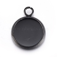 Stainless Steel Pendant Cabochon Settings, Flat Round, Electrophoresis Black, Tray: 8mm, 12.5x10x2mm, Hole: 1.6mm(STAS-L211-03A-B)