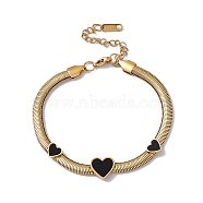 Black Enamel Heart Link Bracelet with Flat Snake Chains, 304 Stainless Steel Jewelry for Women, Golden, 7-1/2 inch(19cm)(BJEW-P284-07G)