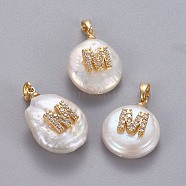 Natural Cultured Freshwater Pearl Pendants, with Brass Micro Pave Cubic Zirconia Findings, Nuggets with Letter, Long-Lasting Plated, Golden, Clear, Letter.M, 17~27x12~16x6~12mm, Hole: 4x2.5mm(KK-L187-A-01M)