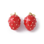 Brass Enamel Charms, with Jump Ring, Real 16K Gold Plated, Fruits Charms, Strawberry, 12x8.5x8.5mm, Hole: 3mm(KK-D336-06G-07)