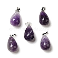 Natural Amethyst Pendants, with Platinum Tone Brass Findings, Teardrop Charm, 20~21x11~12mm, Hole: 6x3.5mm(G-I332-05P-12)
