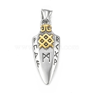 Ion Plating(IP) 304 Stainless Steel Pendants, Spear with Rune & Triple Horn Charm, Antique Silver & Golden, 42x16x6mm, Hole: 4x7.5mm(STAS-G303-28AS)
