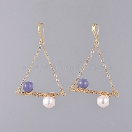 Triangle Dangle Earrings, with Natural Pearl & Aquamarine Beads, Brass Earring Hooks and Cable Chains, with Cardboard Packing Box, 62mm, Pin: 0.6x0.8mm(EJEW-JE03984-04)