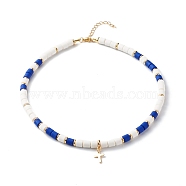 Polymer Clay Beaded Necklaces, with Brass Cross Pendant and Spacer Beads, Dark Blue, 16.54 inch(420mm)(NJEW-JN03577)