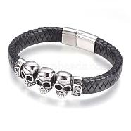 Leather Cord Bracelets, with 304 Stainless Steel Findings and Magnetic Clasps, Skull, Antique Silver, 8-7/8 inch(225mm)(BJEW-F274-23AS)