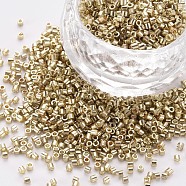 Plated Glass Cylinder Beads, Seed Beads, Metallic Colours, Round Hole, Pale Goldenrod, 1.5~2x1~2mm, Hole: 0.8mm, about 8000pcs/bag, about 1pound/bag(SEED-S047-E-001)