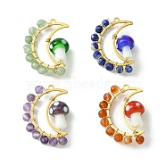 4Pcs 4 Styles Natural Mixed Gemstone Faceted Pendants, Golden Tone 201 Stainless Steel Moon Charms with Handmade Lampwork Mushroom, 30x21.5~22x9.5~10mm, Hole: 1.6mm, 1pc/style(PALLOY-TA00100)
