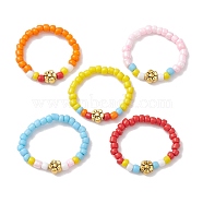 Opaque Colours Glass Seed Bead Stretch Rings, with Flower Alloy Beads for Women, Mixed Color, 3.5mm, Inner Diameter: 19.5mm, 5pcs/set(RJEW-JR00659-S)