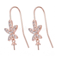 Brass Micro Pave Cubic Zirconia Earring Hooks, for Half Drilled Beads, Long-Lasting Plated, Flower, Clear, Rose Gold, 25mm, 21 Gauge, Pin: 0.7mm(KK-K244-42RG)