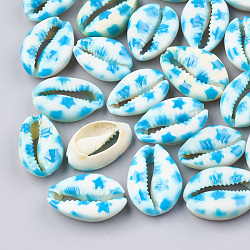 Printed Cowrie Shell Beads, No Hole/Undrilled, Star Pattern, Deep Sky Blue, 20~26x13~18x5~7mm(X-SHEL-S274-03D)
