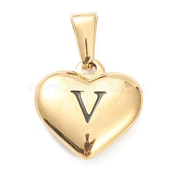 304 Stainless Steel Pendants, Heart with Black Letter, Golden, Letter.V, 16x16x4.5mm, Hole: 7x3mm(STAS-P278-01V-G)