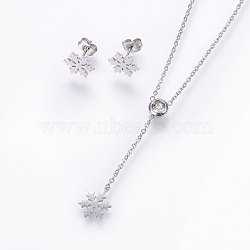 304 Stainless Steel Jewelry Sets, Stud Earrings and Pendant Necklaces, with Rhinestone, Snowflake, Stainless Steel Color, 16.54 inch(42cm), 10.5x9x1mm, Pin: 0.8mm(SJEW-H137-01P)
