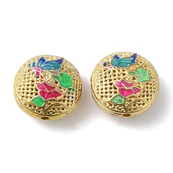 Rack Plating Brass Enamel Beads, Long-Lasting Plated, Cadmium Free & Lead Free, Real 18K Gold Plated, Flat Round with Flower, Fuchsia, 16x10mm, Hole: 1.6mm(KK-P276-24B-G04)