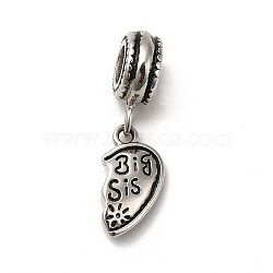 304 Stainless Steel European Dangle Charms, Large Hole Pendants, Half Heart with Word Big Sis, Antique Silver, 24mm, Heart: 14x7x3mm, Hole: 4mm(STAS-F281-05AS)