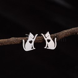 Stainless Steel Small Animal Stud Earrings for Women, Cat Shape, Left and Right, Stainless Steel Color, 60x40mm(PW-WG5B49B-34)