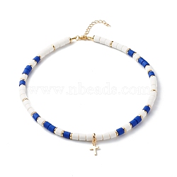 Polymer Clay Beaded Necklaces, with Brass Cross Pendant and Spacer Beads, Dark Blue, 16.54 inch(420mm)(NJEW-JN03577)