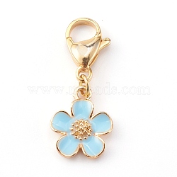 Zinc Alloy Enamel Pendants, with Golden 304 Stainless Steel Lobster Claw Clasps, Flower, Light Sky Blue, 31mm, Flower: 15.5x13x2.5mm(HJEW-JM00432-03)