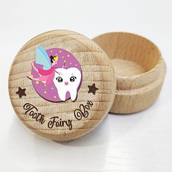 Round Beech Wooden 3D Engraved My First Tooth Fairy Box, with Acrylic Cabochon, for Baby Shower Birthday Party, Angel & Fairy, 5x3.6cm(CON-WH0120-001)