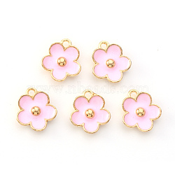 Light Gold Plated Alloy Enamel Pendants, Flower, Pearl Pink, 13x11.5x3mm, Hole: 1.6mm(ENAM-R136-16B)