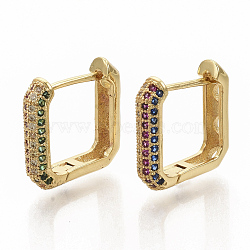 Brass Micro Pave Colorful Cubic Zirconia Hoop Earrings, Square, Real 16K Gold Plated, 16x16x4mm, Pin: 1x1mm(EJEW-S208-061)
