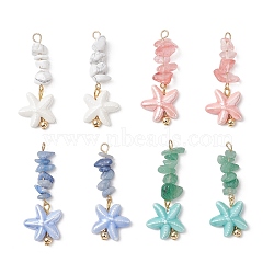 8Pcs 4 Styles Cherry Quartz Glass & Natural Green Aventurine & Blue Aventurine(Dyed & Heated) & Howlite Chip Beaded Pendants, Handmade Porcelain Starfish Charms, Golden, Mixed Color, 45x18x6~7mm, Hole: 3mm, 2pcs/color(PALLOY-JF05161)
