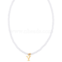 Imitation Pearl with Stainless Steel Pendants Necklaces, Lead Free & Nickel Free & Cadmium Free, Letter, Letter Y, 15.83~16.22 inch(40.2~41.2cm), end extender: 48~51mm long, pendants: 12.5x10.5mm(NJEW-LP0001-51Y-G)