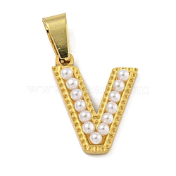 Ion Plating(IP) 304 Stainless Steel Pendants, with ABS Imitation Pearl, Letter V, 17x14x3.3mm, Hole: 6x3mm(STAS-U024-01V)