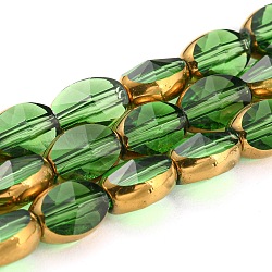 Electroplate Transparent Glass Beads Strands, with Golden Plated Edge, Faceted Oval, Lime Green, 8~9x6.5x5mm, Hole: 1.2mm, about 37pcs/strand, 23.78 inch(60.4cm)(EGLA-G037-03A-HP09)