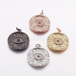 Brass Micro Pave Cubic Zirconia Pendants, Flat Round with Eye, Mixed Color, 24x21x2mm, Hole: 2.5mm(ZIRC-E143-67)