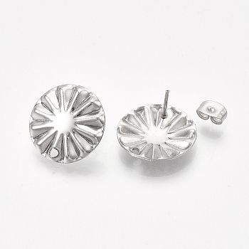 304 Stainless Steel Stud Earring Findings, with Ear Nuts/Earring Backs, Flat Round, Stainless Steel Color, 17mm, Hole: 1.8mm, Pin: 0.7mm