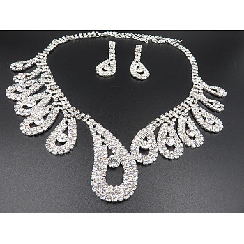 Teardrop Brass Rhinestone Pendant Necklaces & Stud Dangle Earrings Sets for Women, Crystal, 350mm