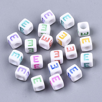 Opaque White Acrylic Beads, with Enamel, Horizontal Hole, Cube with Mixed Color Letter, Letter.E, 6x6x6mm, Hole: 3mm, about 2900pcs/500g