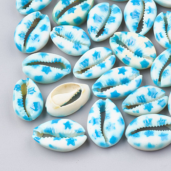 Printed Cowrie Shell Beads, No Hole/Undrilled, Star Pattern, Deep Sky Blue, 20~26x13~18x5~7mm
