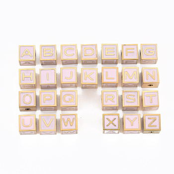 304 Stainless Steel Beads, with Enamel, Pink, Cube with Letter, Golden, Letter A~Z, 7x7x7mm, Hole: 2mm