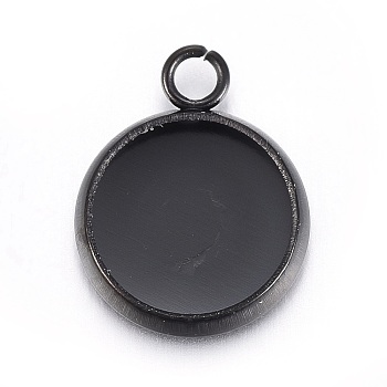 Stainless Steel Pendant Cabochon Settings, Flat Round, Electrophoresis Black, Tray: 8mm, 12.5x10x2mm, Hole: 1.6mm