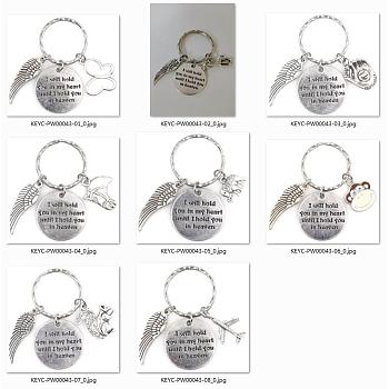 Alloy Keychain, with Iron Key Ring, 304 Stainless Steel Findings, Flat Round, Antique Silver, 30mm, 8 styles, 2pcs/style, 16pcs/set