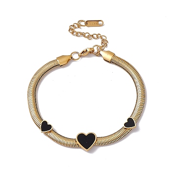 Black Enamel Heart Link Bracelet with Flat Snake Chains, 304 Stainless Steel Jewelry for Women, Golden, 7-1/2 inch(19cm)
