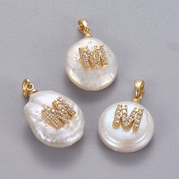 Natural Cultured Freshwater Pearl Pendants, with Brass Micro Pave Cubic Zirconia Findings, Nuggets with Letter, Long-Lasting Plated, Golden, Clear, Letter.M, 17~27x12~16x6~12mm, Hole: 4x2.5mm